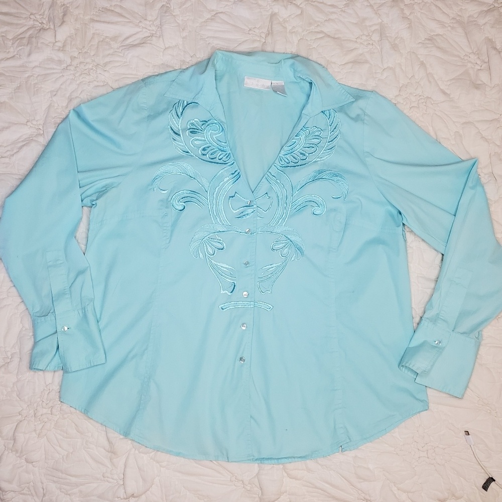 Soft Surroundings Aqua Embroidered Blouse